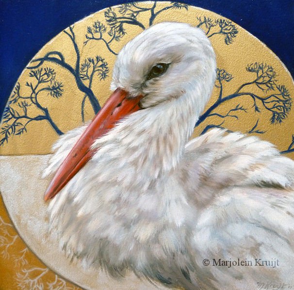 'The gift of the white stork', 20x20 cm, oil and gold (sold)