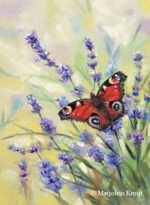 'Peacock butterfly on lavender', 13x18 cm, oil painting (for sale)