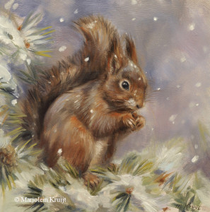 'Squirrel in the snow', 20x20 cm, oil painting (sold)