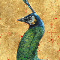 'Green peacock', 18x24 cm, painting in oil and gold (sold)