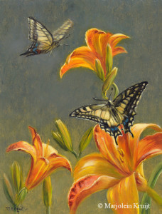 'Old World swallowtails on lilies', 18x24 cm, oil painting (for sale)