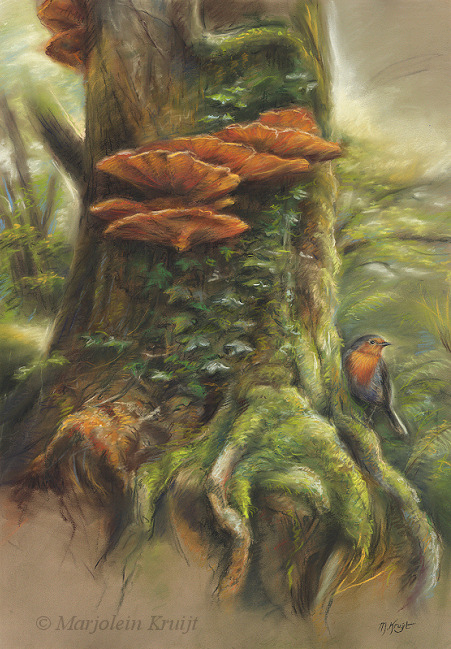 'Magic Tree'-Eur. robin, 47x67 cm, pastel painting [for sale]