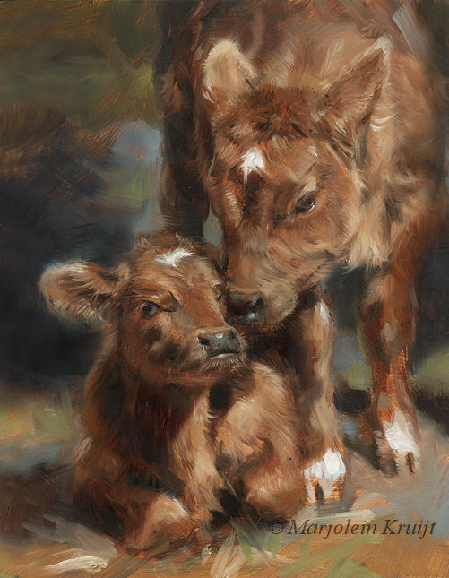 'Siblings', 18x13 cm, cow-painting (sold)