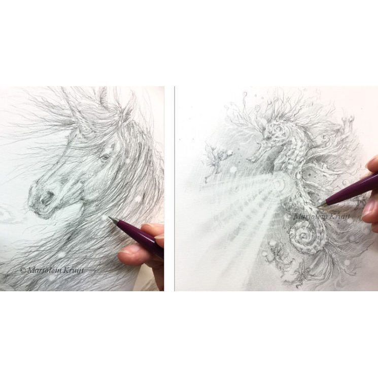eenhoorn tekening - zeepaard met elfen - spirituele kunst Marjolein Kruijt