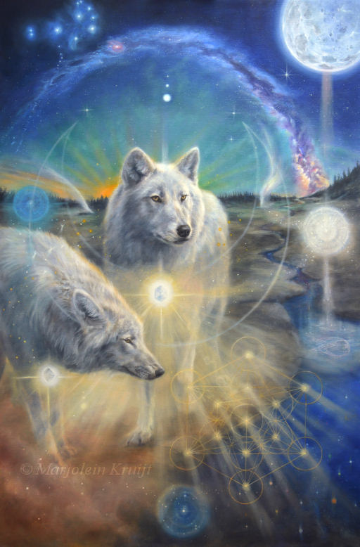 'Illumined II' -Ascended wolves of Yellowstone 120x80 cm, oil on canvas [portal, Aa Metatron]