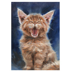 'Gapende kitten', 18x13 cm, olieverf schilderij op paneel (te koop)