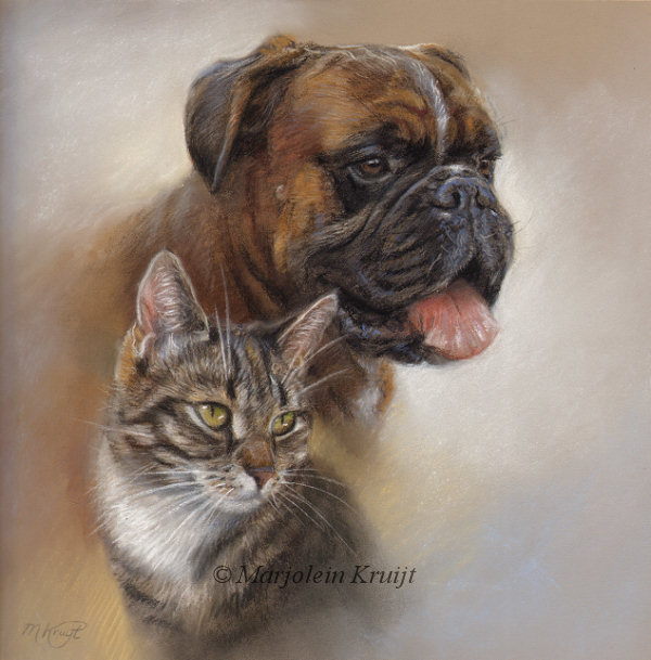'Boxer & tabby cat', pastel portrait painting (sold)