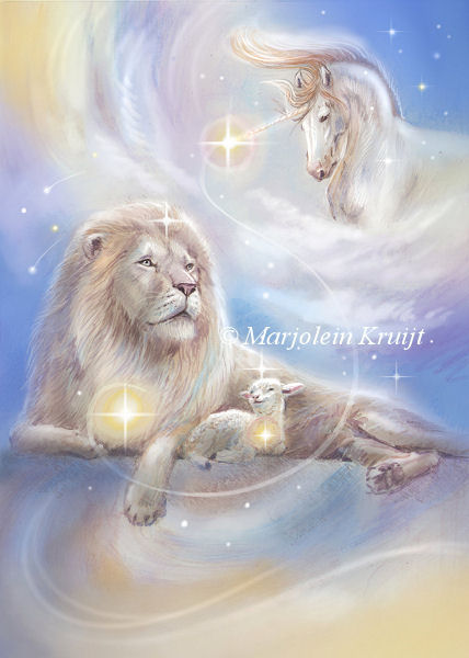 (37) peaceful warrior oracle card lion, lam and unicorns