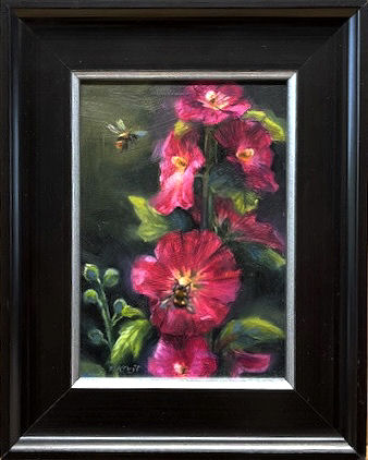 'Hollyhock and bumblebees', oil painting 18x13cm (for sale)
