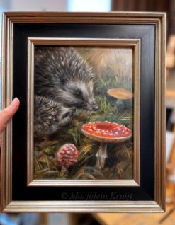 'Autumn- hedgehogs and toadstools' 24x18cm, oil painting for sale
