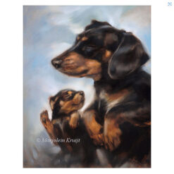 'Mother Love'- dachshund and puppy 30x24 cm, oil painting (for sale)
