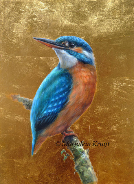 'Kingfisher with goldleaf', 24x18 cm painting on panel (for sale)
