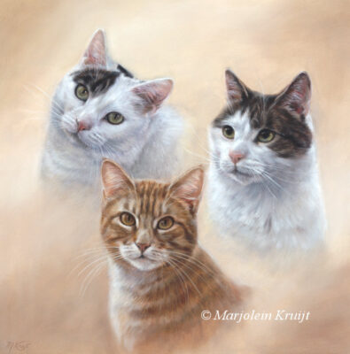 'Cato, Google and Loki', portrait painting in oil 35x35 cm (commission/sold)