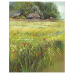 'Zomer gloren', boerderij en veld Drenthe, pastel tekening (te koop)