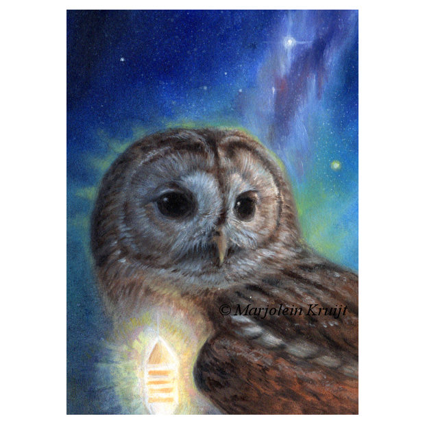 'Lightkeeper of Atlantis' - tawny owl painting, 18x13cm (for sale)