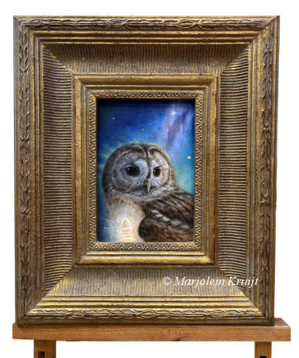'Lightkeeper of Atlantis' - tawny owl painting, 18x13cm (for sale)