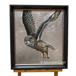 Eagle Owl in flight, painting with silver 37x33cm, bird art (for sale)